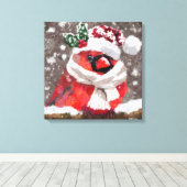 Kardinaal Vogelsjaal & Pet in Sneeuwkerst Canvas Afdruk (Insitu (Houten vloer))