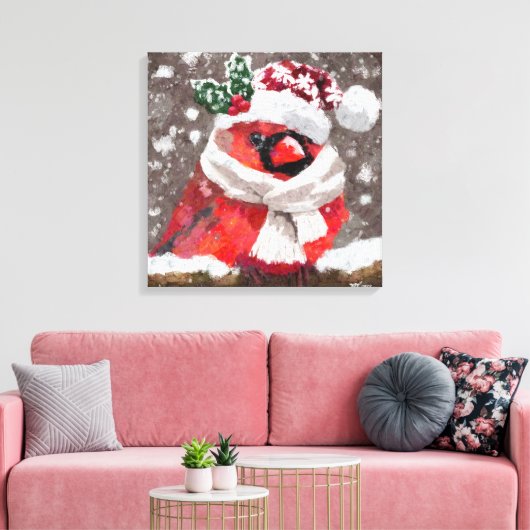 Kardinaal Vogelsjaal & Pet in Sneeuwkerst Canvas Afdruk (Insitu (Woonkamer))