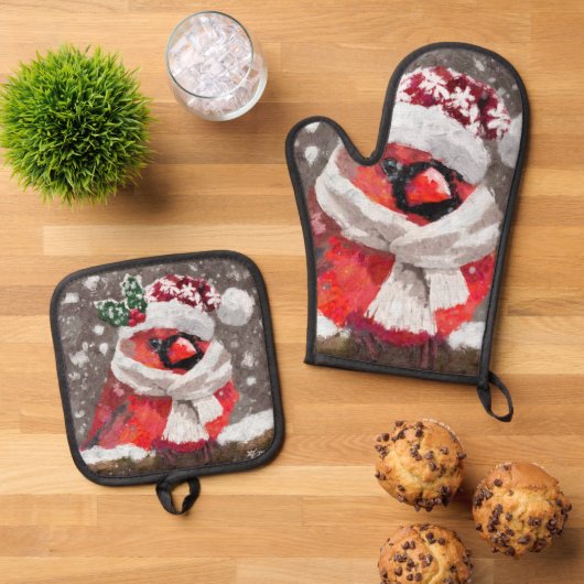 Kardinaal Vogelsjaal & Pet in Sneeuwkerst Ovenwant & Pannenlap Set (Top down)