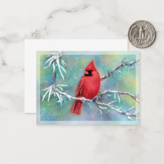 Kardinaal voor de snowy tak budget mini Kerstmis Notitiekaartje (Voorkant / Achterkant in situ)