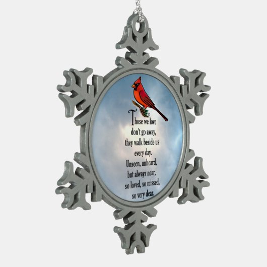 Kardinaal "Zo geliefd" gedicht Tin Sneeuwvlok Ornament (Links)