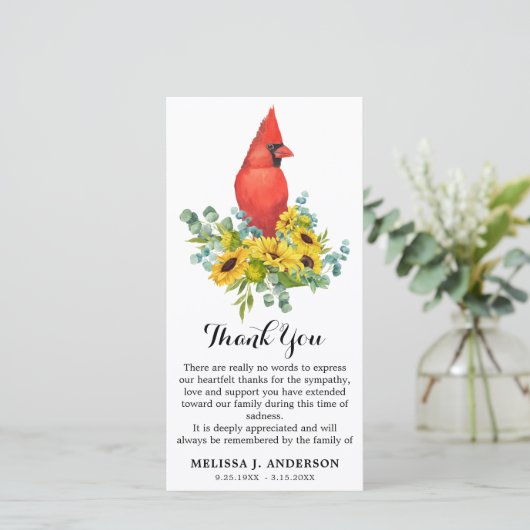Kardinaal Zonnebloemen Funeral Memorial Sympathie Bedankkaart (Staand voorkant)