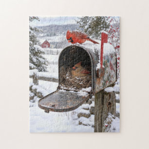 Kardinaalnest in een besneeuwde brievenbus legpuzzel