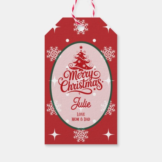 Kardinaalrode Sneeuwvlokken Kerst Cadeaulabel (Achterkant)