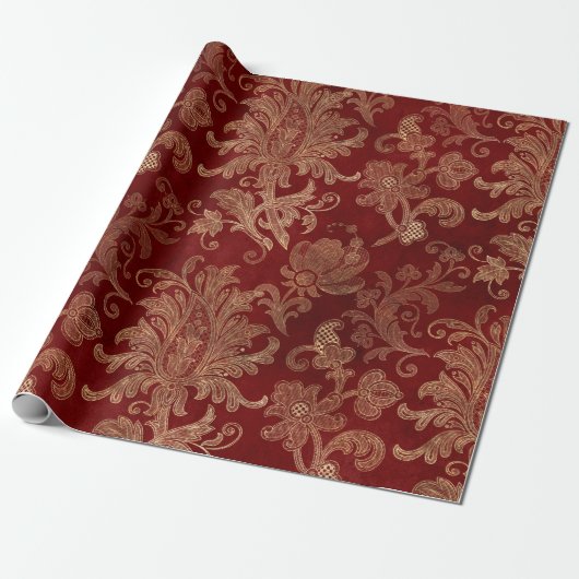Kardinaalrood en goud vintage damast cadeaupapier (Uitgerold)
