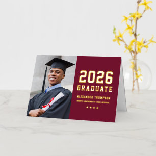 Kardinaalrood Gouden Varsity Afstudeer Foto Bedank Folie Wenskaart