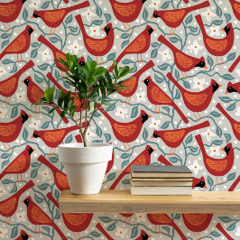 Kardinaalvogel Amerikaanse Dogwood Bloem Blokprint Behang