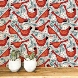 Kardinaalvogel Amerikaanse Dogwood Bloem Blokprint Behang