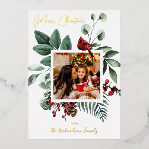 Kardinaalvogel & Dennen Kerstmis Foto Folie Uitnodiging