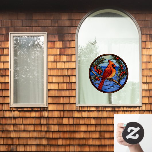 Kardinaalvogel in het Berry Struik Faux Glas in lo Raamsticker (Huis Raam)