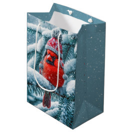 Kardinaalvogel in kerstrode kleur met winterhoed medium cadeauzakje