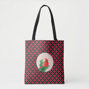 Kardinaalvogel op zwart en rood geruit tote bag