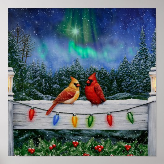 Kardinaalvogels en Kerstverlichting Poster (Voorkant)