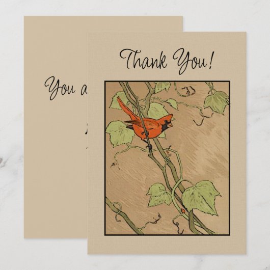  kardinale rode vogel op een filiaal Dank je Kaart (Voorkant / Achterkant)