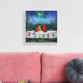 Kardinale vogels en kerstlichten canvas afdruk (Insitu (Woonkamer))