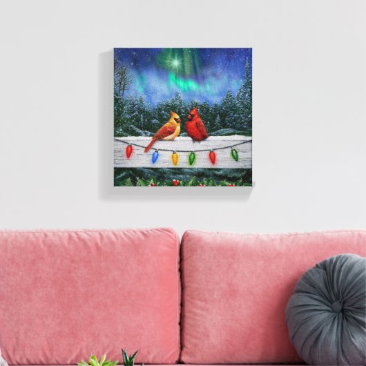 Kardinale vogels en kerstlichten canvas afdruk (Insitu (Woonkamer))