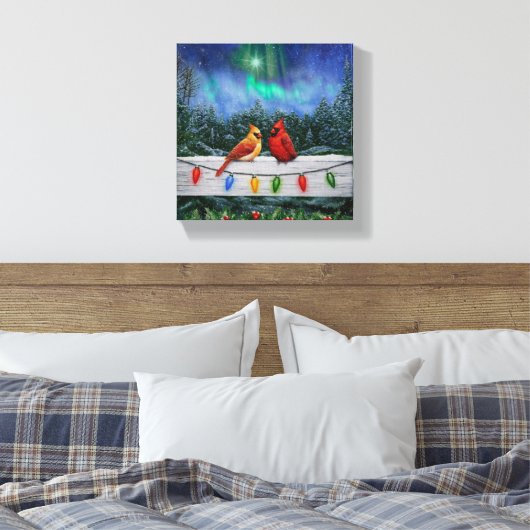 Kardinale vogels en kerstlichten canvas afdruk (Insitu (Slaapkamer))
