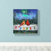 Kardinale vogels en kerstlichten canvas afdruk (Insitu (Houten vloer))