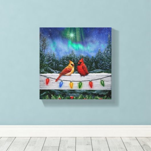 Kardinale vogels en kerstlichten canvas afdruk (Insitu (Houten vloer))