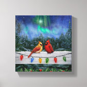 Kardinale vogels en kerstlichten canvas afdruk (Voorkant)