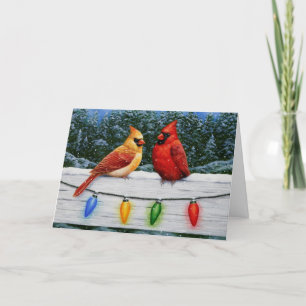 Kardinale vogels en kerstlichten feestdagen kaart