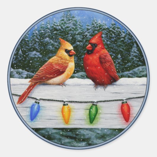 Kardinale vogels en kerstlichten ronde sticker (Voorkant)