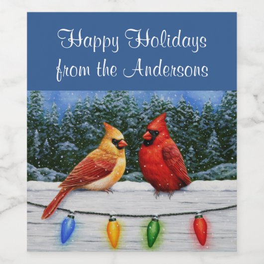 Kardinale vogels en kerstlichten wijn etiket (Enkel label)