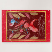 Kardinale vogels op de kerstboom aanpassen legpuzzel (Horizontaal)