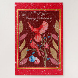 Kardinale vogels op de kerstboom aanpassen legpuzzel