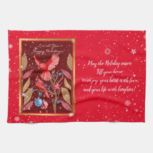 Kardinale vogels op de kerstboom aanpassen theedoek (Horizontaal)