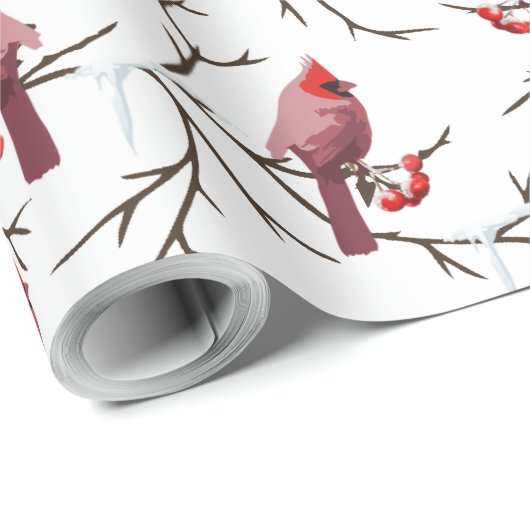 Kardinale vogels, winterkersen en sneeuwpatronen cadeaupapier (Rol Hoek)