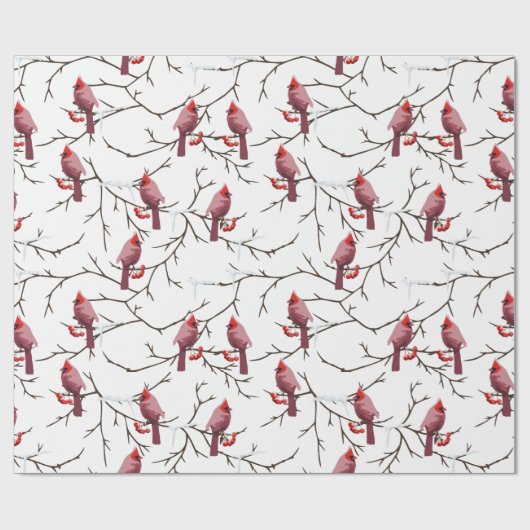 Kardinale vogels, winterkersen en sneeuwpatronen cadeaupapier (Vlak)