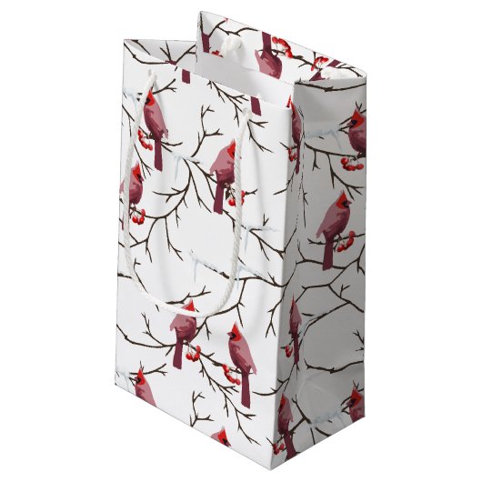 Kardinale vogels, winterkersen en sneeuwpatronen klein cadeauzakje (Achterkant Gekanteld)