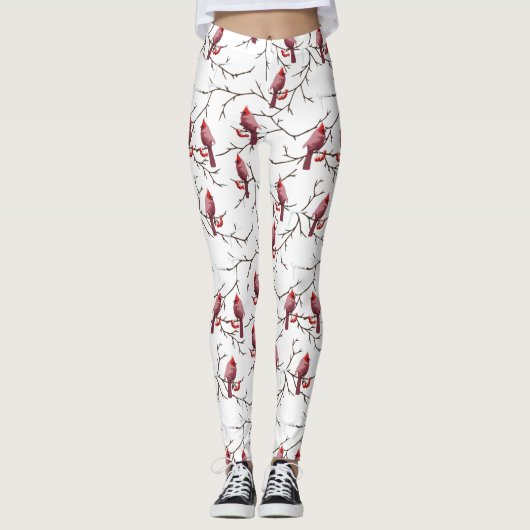 Kardinale vogels, winterkersen en sneeuwpatronen leggings (Voorkant)