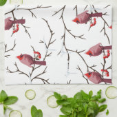 Kardinale vogels, winterkersen en sneeuwpatronen theedoek (Gevouwen)