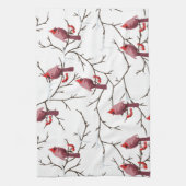 Kardinale vogels, winterkersen en sneeuwpatronen theedoek (Verticaal)