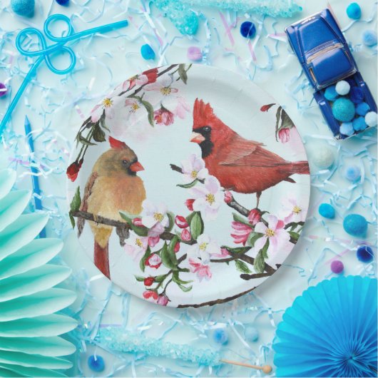 Kardinalen en appelbloesems papieren bordje (Feest)