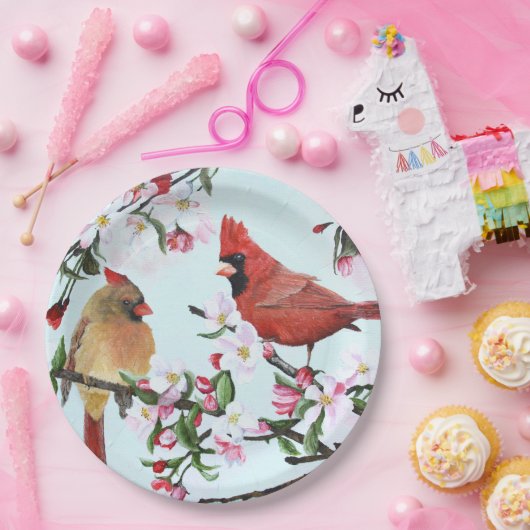 Kardinalen en appelbloesems papieren bordje (Feest)