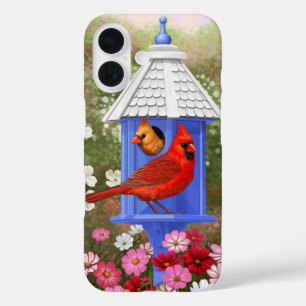 Kardinalen en Blauwe Birdhouse iPhone 16 Hoesje
