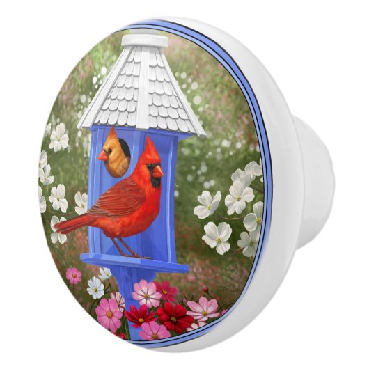 Kardinalen en Blauwe Birdhouse Keramische Knop (Rechts)