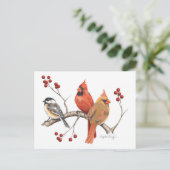 Kardinalen en Chickadee met rode bessen Feestdagenkaart (Staand voorkant)