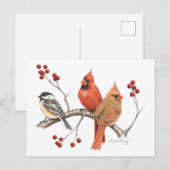 Kardinalen en Chickadee met rode bessen Feestdagenkaart (Voorkant / Achterkant)