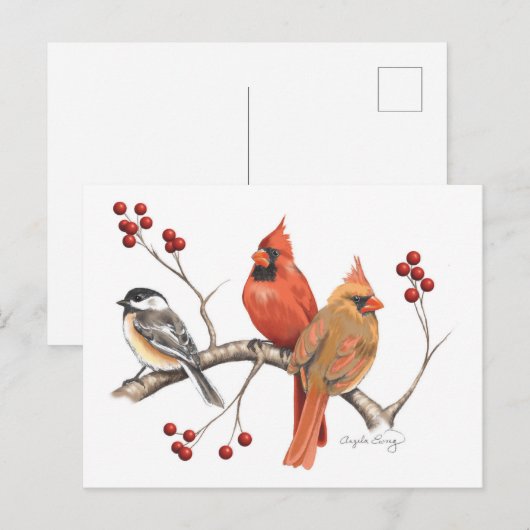 Kardinalen en Chickadee met rode bessen Feestdagenkaart (Voorkant / Achterkant)