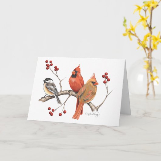 Kardinalen en Chickadee met winterbessen Kaart (Gele Bloem)