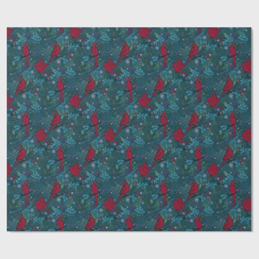 Kardinalen en coniferen, wintervakantiepatroon cadeaupapier (Vlak)