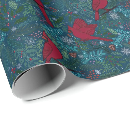 Kardinalen en coniferen, wintervakantiepatroon cadeaupapier (Rol Hoek)