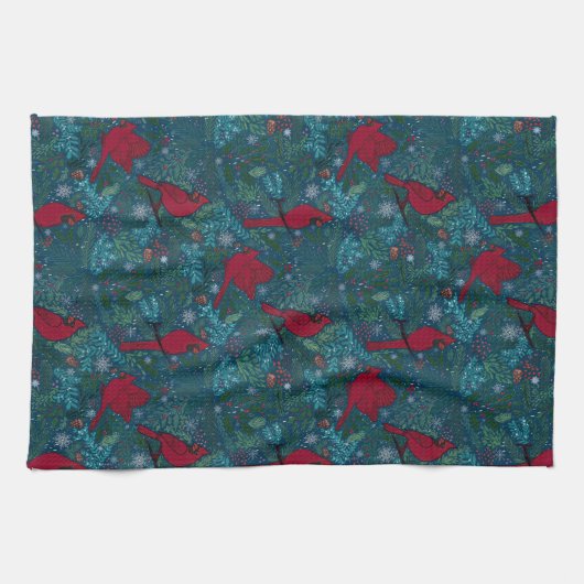 Kardinalen en coniferen, wintervakantiepatroon theedoek (Horizontaal)