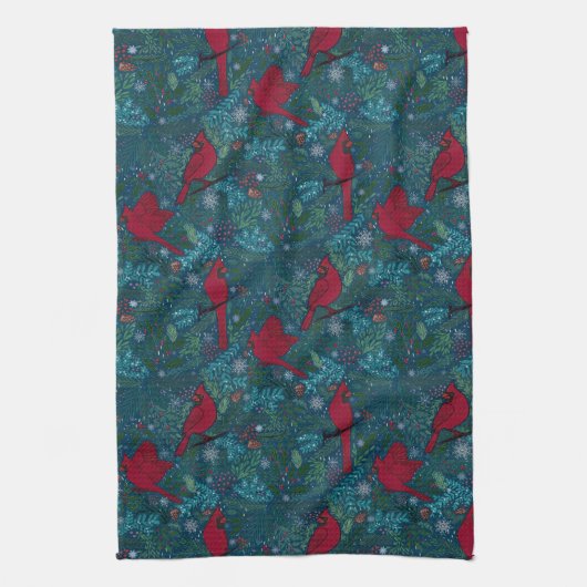 Kardinalen en coniferen, wintervakantiepatroon theedoek (Verticaal)