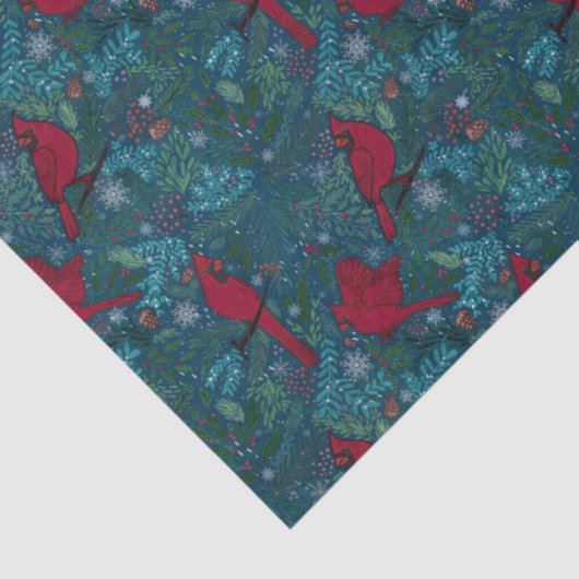 Kardinalen en coniferen, wintervakantiepatroon tissuepapier (Detail)