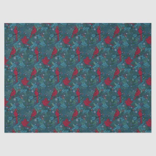 Kardinalen en coniferen, wintervakantiepatroon tissuepapier (Voorkant)